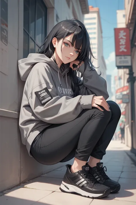 1girl, wearing a gray cropped hoodie with long dark gray sleeves, black pants, black shoes, exposed abdomen, long black hair