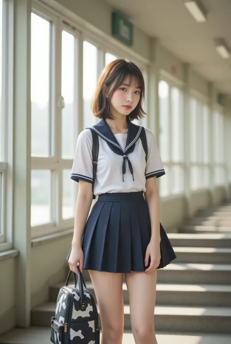 Photorealistic,Raw photo, 8K, A serene morning in Japan, capturing the essence of a typical school day. A beautiful Japanese high school girl, dressed in a neatly pressed uniform with a pleated navy-blue skirt and a crisp white blouse, ascends the station’...