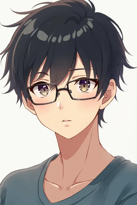 An anime style art of an asian male teenager with short middle parted hair wearing glasses.