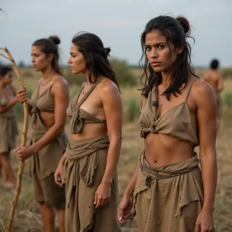 group of forced laborers, a slave womens and girls from a Roman slave farm 1st-century prisoners from german Celtic and slavic tribes in field  for hard agriculture labor harvesting beautiful but sad, with exhausted faces, tired, in a tattered linen slave ...