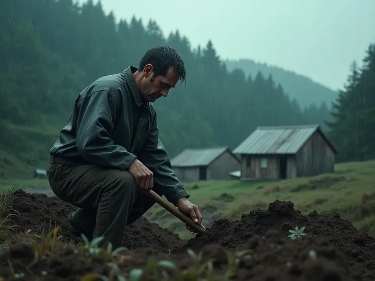 a coastal man digging a grave on a rainy day in the 1950s. In the background a simple hamlet surrounded by forest .