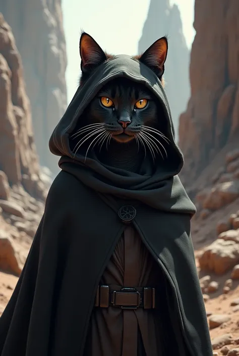 Un chat noir et blanc, moustache brunes, yeux marrons, porte une capuche, dans lunivers star wars