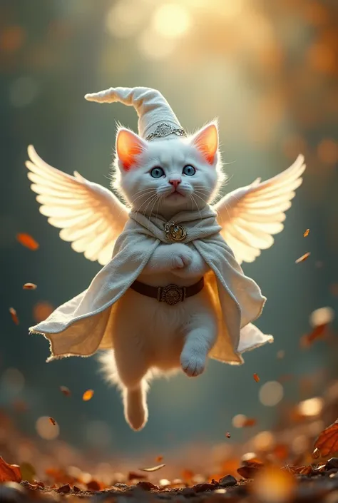 He is flying , A cute white wizard kitten is dressed as a fantasy character１animal.  This little wizard lives in a fantasy world , The fantasy world is bright and beautiful ,   beautiful view of the world  , かわいい子猫はmagical本の上に乗る, magical結晶と帽子を身に着けています .Tar...