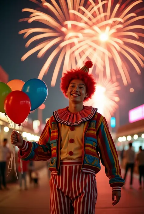 A photo of a 25-year-old Korean man with a. He is wearing a colorful clown outfit, including a striped shirt, a red and white striped pants, and a red and white striped collar. He is holding a bouquet of balloons and a birthday horn. The background is a ni...