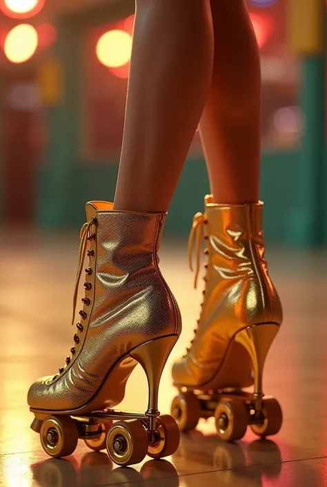 Woman’s feet in gold high heel roller skates 