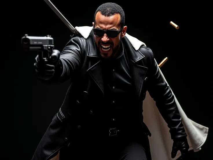 image A cinematic shot of Blade, the vampire hunter, in a dynamic action pose. Hes mid-motion, crouched slightly, with a determined, almost snarling expression. He wears dark sunglasses, a black leather trench coat with armored shoulders, and black gloves....