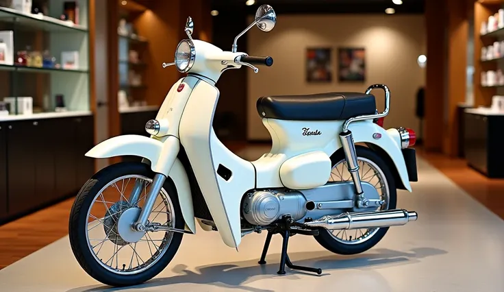 Honda super cub old fashioned set in premium pearl white colour in luxury showroom full HD photo