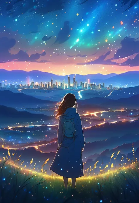 Back view of a young woman standing in the middle of a meadow，,  with the city skyline and starry sky at night in the background,   high detail ,  movie lights, Melancholy colors ,  dramatic composition ,  Ultra Realistic , Award-winning digital art,  conc...