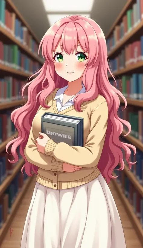   woman, fat, chubby, anime style, long pink hair, curly hair, straight bangs, short bangs, litgh green eyes, embarrassed, red cheeks, cardigan begie, long white skirt, holding books in the library