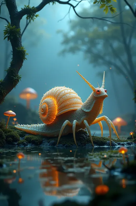  hybrid snail-scorpion creature
Imagine a unique creature :  the main body is like that of a snail ,  with a translucent shell that shines like crystal under light .  Instead of being smooth ,  its shell is covered with small sharp beaks .  Its head resemb...