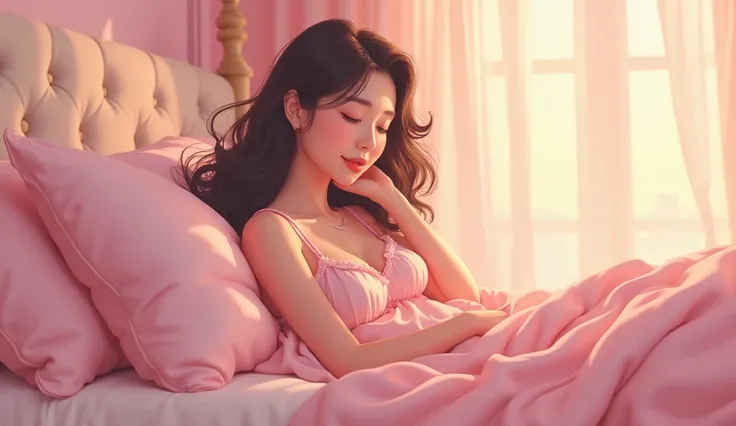 A lady just woke up from her bed in the morning ,  pink bed and pink pajamas