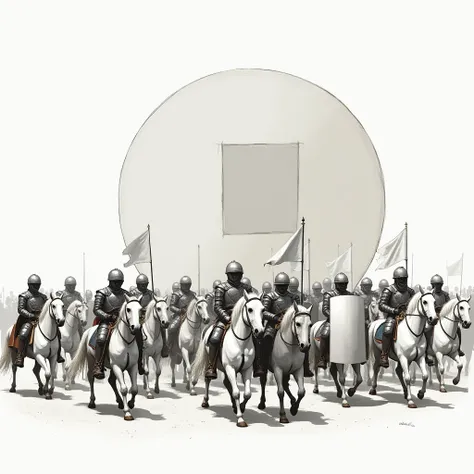  realistic illustration 、White medieval Western armor 、 on a large white shield with a gray square circle drawn on a large white shield Soldiers carrying shields are marching、 There are soldiers on horses and soldiers with flags (Gray circle on white ) 、La...