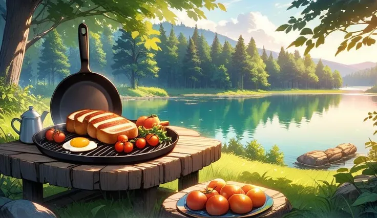 A serene campsite by the lakeside. In the foreground, a cast-iron skillet sits on a rock, sizzling with freshly cooked bacon and sunny-side-up eggs, steaming and ready to eat. The background features a tranquil lake and lush green forest, bathed in the sof...