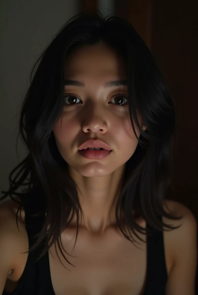 (amateur 1 .2),  amateur camera selfie of a 21-year-old chewing Casian woman,  black hair,  low exposure ,  in low light conditions ing,  unprofessional natural lighting ,  realistic lighting , dark light,  in low light conditions ,  very black eyes with h...