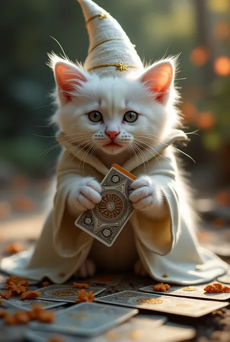 It transforms cards into cat food, A cute white wizard kitten is dressed as a fantasy character１animal.  This little wizard lives in a fantasy world , The fantasy world is bright and beautiful ,   beautiful view of the world  , かわいい子猫はmagical本の上に乗る, magica...