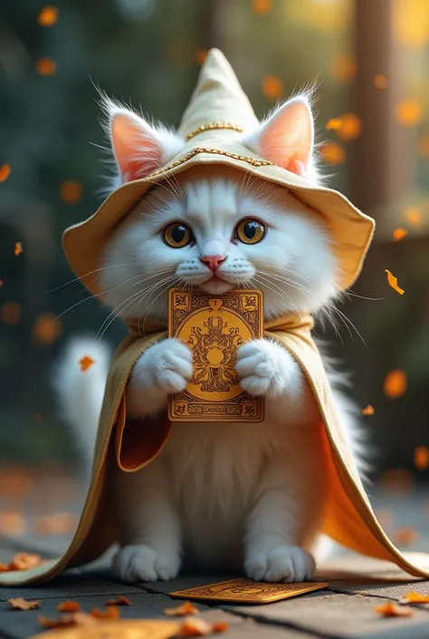 It transforms cards into cat food, A cute white wizard kitten is dressed as a fantasy character１animal.  This little wizard lives in a fantasy world , The fantasy world is bright and beautiful ,   beautiful view of the world  , かわいい子猫はmagical本の上に乗る, magica...