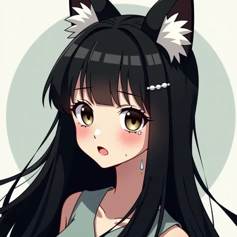 Woman emoji with white fox ears, long black hair, crying, tears, simple, cartoon