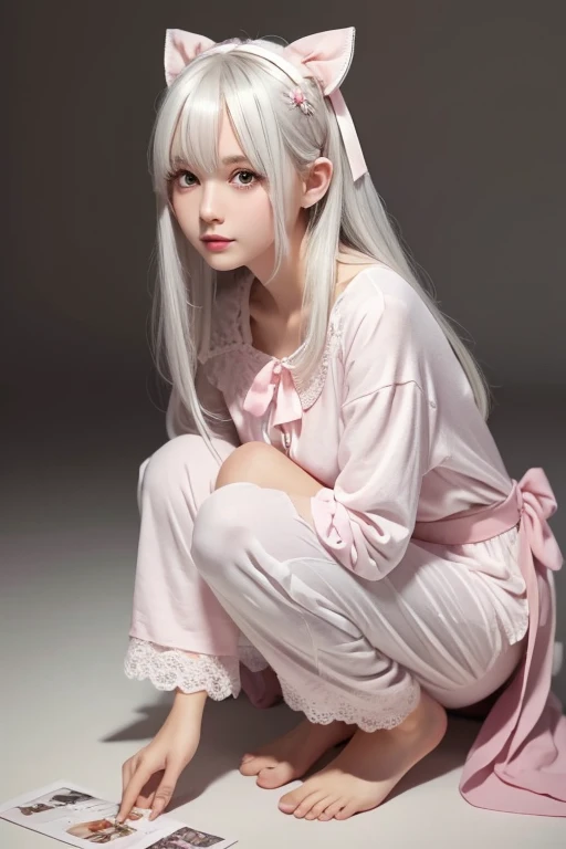 masterpiece,  top quality ,  super detailed ,  illustration, beautiful detailed eyes,  close,  girl . That white hair ,  pink ribbon ,  white pajamas.  Im crouching on the ground and wandering around in my clothes basket