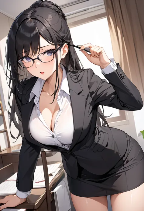 Intelligent woman wearing glasses  ,  black hair, long half up hair, horny tutor , Black suit,  white blouse with open collar ,  tight skirt,  sexy style, Provocative upward glance, Attractive chest,   gestures to adjust glasses, Students room, 