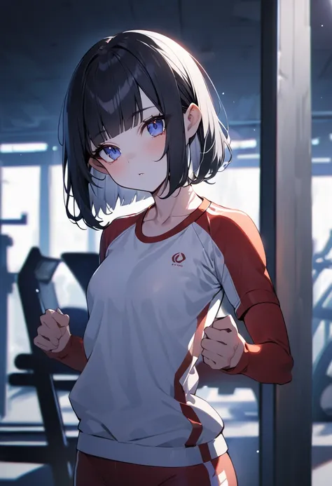  girl with pale skin and short black hair  ( shoulder height and bangs ),  dark blue eyes and slightly pointed ears ((small), Gym background ,  workout clothes, maximum top quality ,  maximum top lighting  