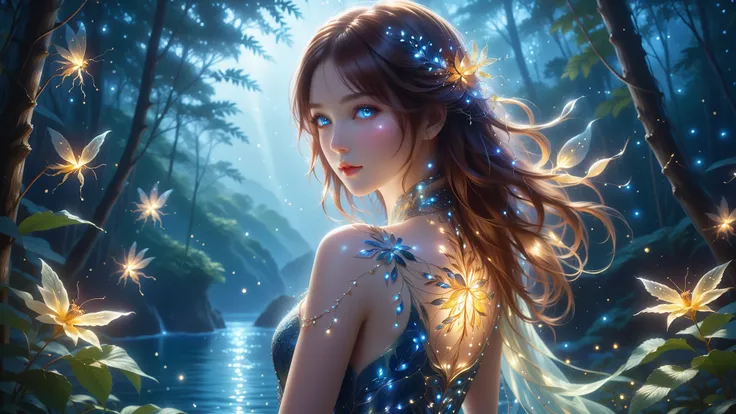 A Masterpiece In 32K Resolution, Supreme Quality, Super Detail, Official Art, Very High-Resolution 32K Wallpaper, Exquisite And Aesthetic, Ultra-Detailed Features, Awe-Inspiring Detail. A Magical Forest Filled With Twinkling Fireflies And Soft Moonlight St...