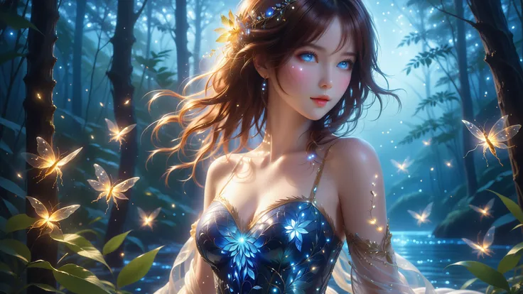 A Masterpiece In 32K Resolution, Supreme Quality, Super Detail, Official Art, Very High-Resolution 32K Wallpaper, Exquisite And Aesthetic, Ultra-Detailed Features, Awe-Inspiring Detail. A Magical Forest Filled With Twinkling Fireflies And Soft Moonlight St...