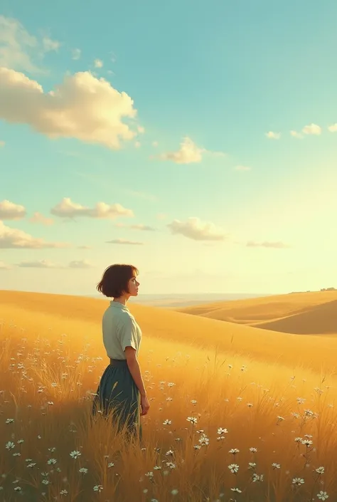 prairie，A woman with short hair，View the scenery