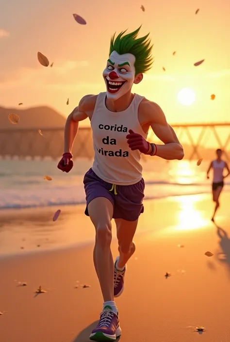  Joker celebrating Happy New Year dressed in running clothes, running, Beach and a bridge in the background , short, tennis, , (((Corrida da Virada in front of the white tank top))), sunrise, ((Pixar style))