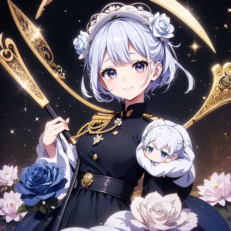 1gir( pretty face、Baby Face、Chibi、 cute、 cute死神、 milky white to rose gradation hair color、Hairstyle with bangs raised up 、 big eyes、 white skin、 best smile 、White eyelashes、 black military uniform、military uniform、（Holding a scythe：1.3））、quality(最高quality、...