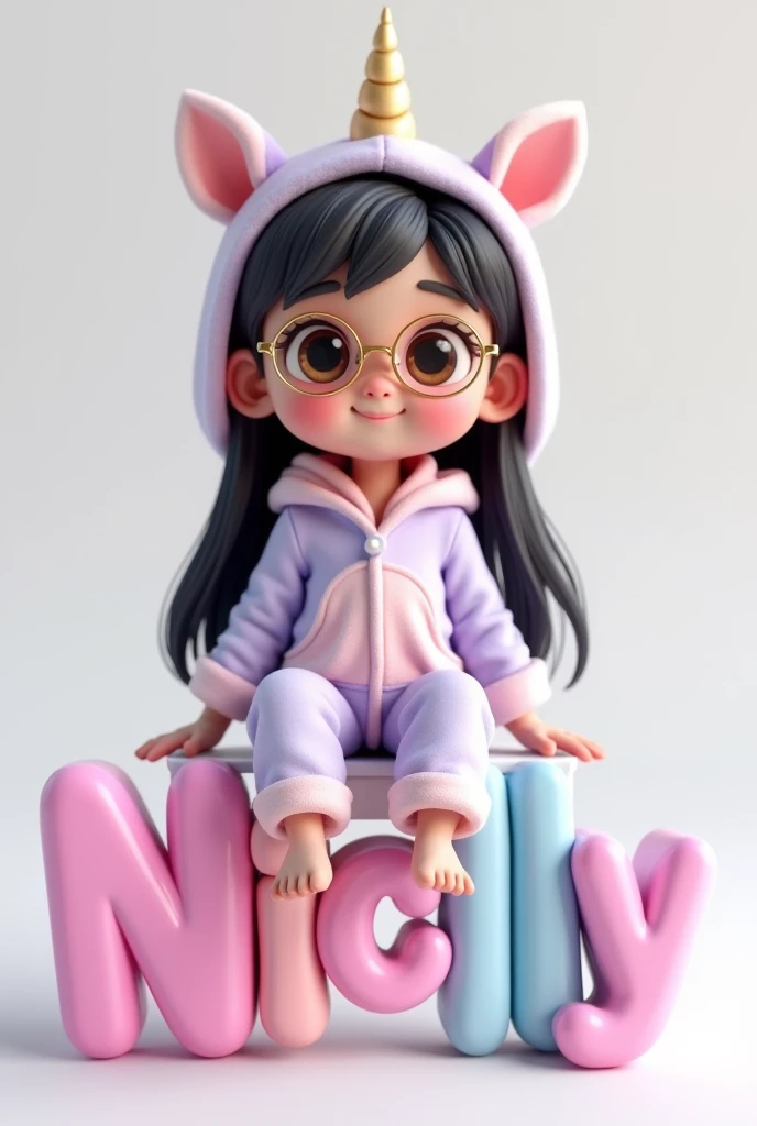 A charming 3D render of a young girl with long black hair, light skin, and brown-colored eyes with thin gold frame glasses. She dons a pair of cozy unicorn pajamas in pastel shades of pink, lilac, and light blue, featuring a hood. The girl is perched atop ...