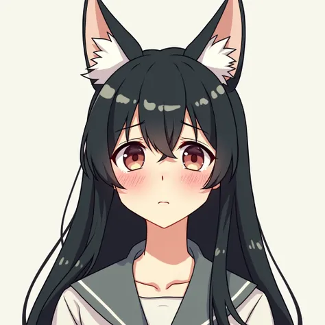 Crying woman head with white fox ears, long black hair, simple, cartoon