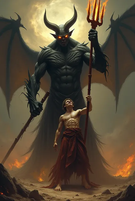 the devil holding his flaming trident pointing it down at a man. the trident has its three points stuck into the body of the man below him