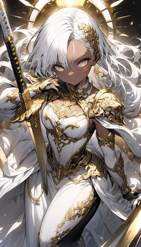 A female paladin stands with unyielding determination, her armored figure reflecting off the subtle gleam of gold and silver. Her armor is adorned with beautiful shoulder pauldrons, adding to her imposing appearance. Short white hair frames her face, provi...