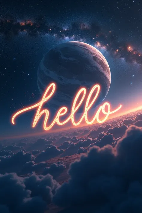 Text with font Rosselinda Aylamore , The text should say "hello",  in the background is outer space full of constellations and planets,  extremely detailed, 8K image. 
