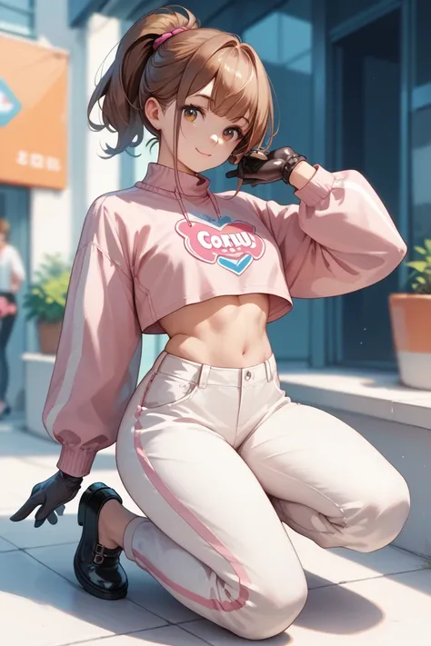 A cute and gorgeous girl, wearing a pink cropped shirt with long sleeves, white low-rise pants, black shoes, gloves, brown ponytail, exposed stomach, in a cute pose