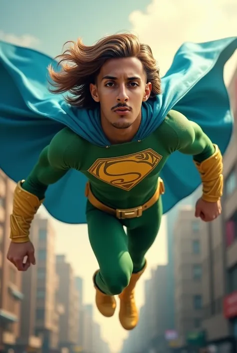 Create a superhero based on this flying , no beard,  brown hair ,  face and your costume is light green with an inverted triangle on the chest, yellow belt,  gold bracelet, yellow boots, Blue cape