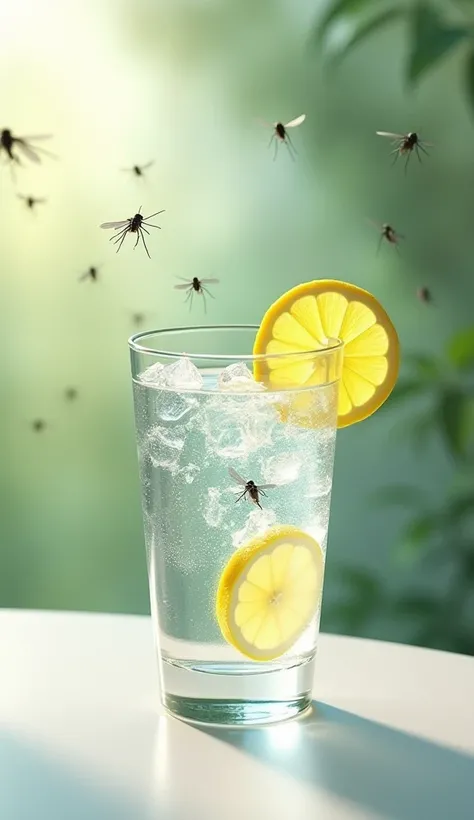 "A glass of water with a slice of lemon floating in it, placed on a table. A small swarm of mosquitoes flying away from the glass, creating a sense of repelling effect."