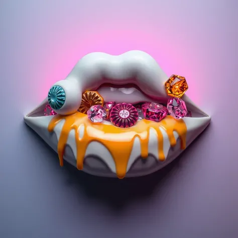  Ceramic lips with candies made of crystals, Dripping syrup , Neon light,  neutral gray background , 8k Photo, Ultra HD, ultra details.