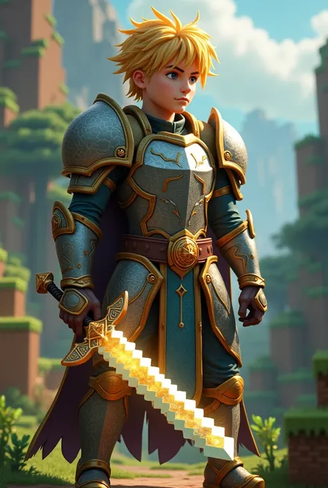 A young man with blond hair with Enchanted Armor and an Enchanted Sword in Minecraft 