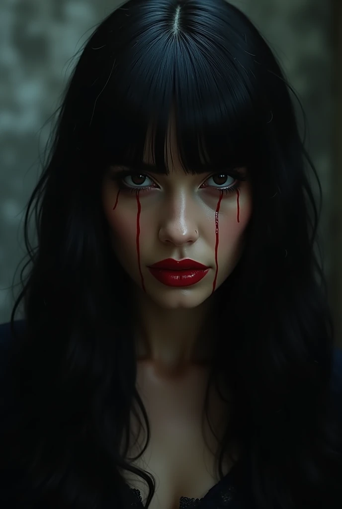  a vampire with canines shows ,  long black hair with bangs, Her skin is olive-colored brown ,  her lips are red and her eyes black