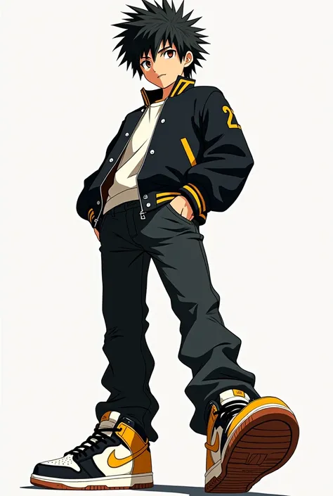 really tall large tall japanese boy disheveled hair wearing black baseball jacket yellow stripes on neck snd yellow sleeves black denim pants and black and yellow nike dunk high sneakers showing his rubber soles to camera anime drawing