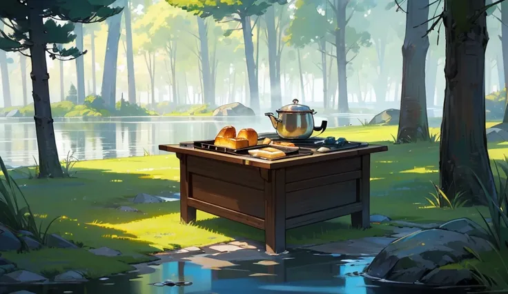 A serene campsite by the lakeside. In the foreground, a cast-iron skillet sits on a rock, sizzling with freshly cooked bacon and sunny-side-up eggs, steaming and ready to eat. Beside the skillet, a cup of hot coffee emits gentle steam, accompanied by slice...