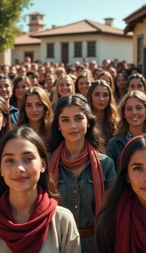 A young group of Jewish women in front of Jewish houses focusing on the realistic photo of their faces