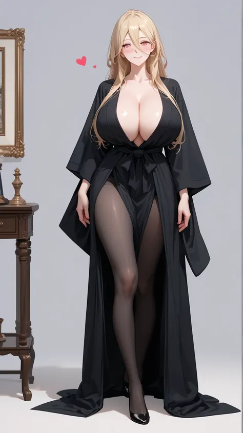 1 Girl,  unique ,  HD, Accurate,  long hair, blond,  hair between eyes ,  Big Breasts ,  blush,  has a seductive smile, heart in eye,  Wearing a Daoist robe， Full Body Photo ， long legs，Black Silk:1.5， pantyhose:1.5，Huge breasts