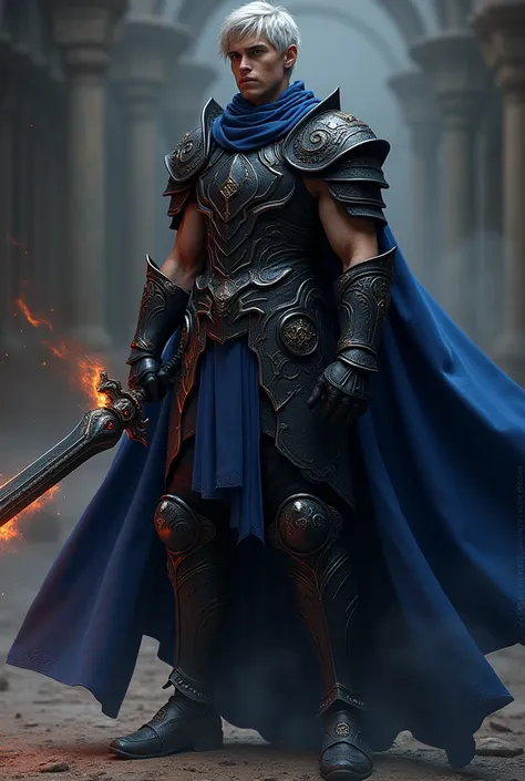  20-year-old warrior hero with all-black armor, blue cape,  sleeveless, hands uncovered,  blade bracelets , black boots, medium and fiery sword with red jewels .