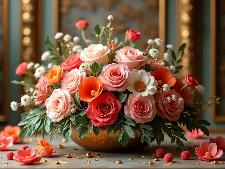 ((masterpiece)), (( top quality )),Flower arrangement to welcome the new year、 colorful flowers、luxury、Gold and silver decoration、 high image quality、Realistic