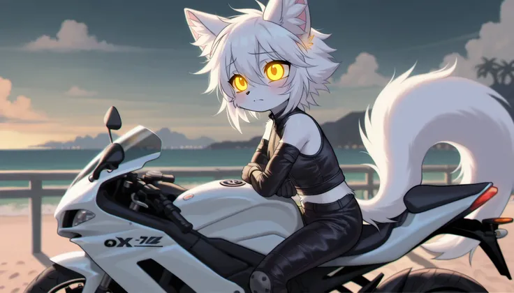 white furry [[male]] kemono style cat, with yellow glowing eyes, long white hair and white fur, femboy body, looking sad to the left, anime style, kemono furry, wears biker clothes and black protections, sitting on a zx4rr ninja, looking at the right in a ...