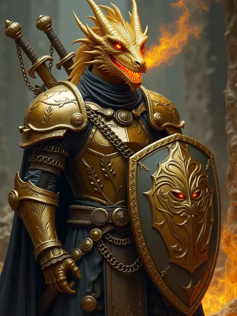 Gold dragonborn wearing dark clothes and enchanted chain mail armour
7 6” tall
The corners of his mouth are permanently emitting plumes of golden flames (lukewarm heat)
He has a massive solid-metal shield which has the emblem of a Draconic being on it. The...