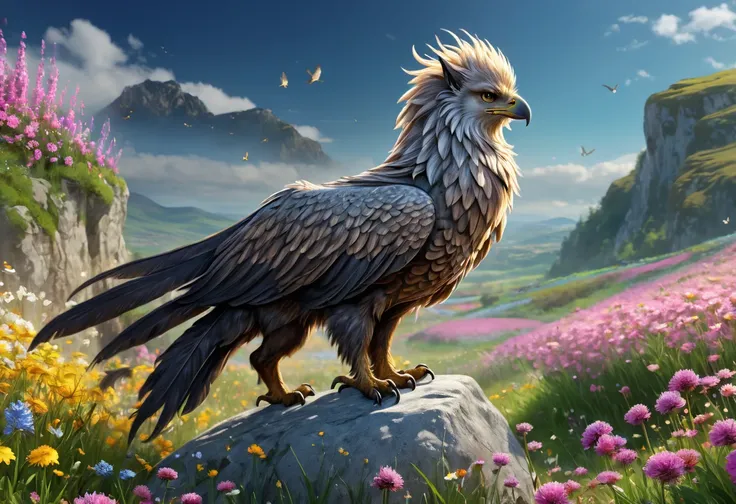 A griffon is standing on a rock in a field of flowers,  beautiful digital art work, 4k  EXQUISITE DIGITAL ART,  8K high quality detailed art , BEAUTIFUL 4K ART ,  beautiful digital art , very  beautiful digital art ,  EXQUISITE DIGITAL ART, 美しいデジタルペインティング,...