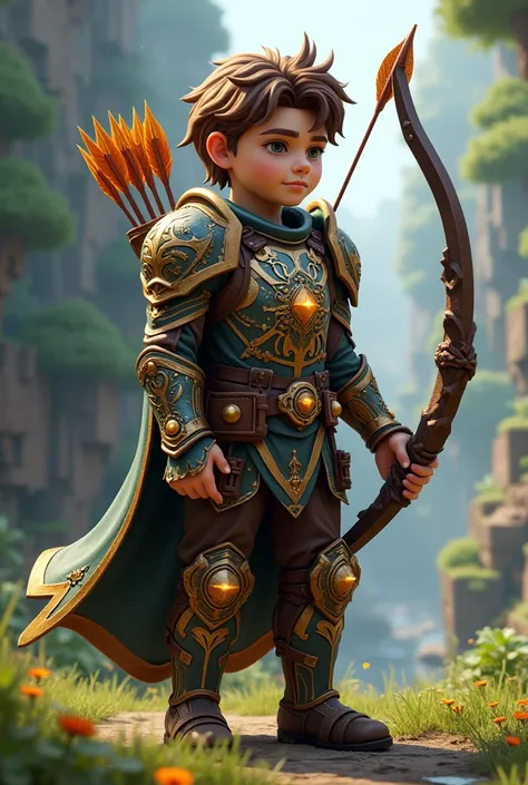 A young man with brown hair and enchanted armor and an enchanted bow and a bag of arrows in Minecraft 